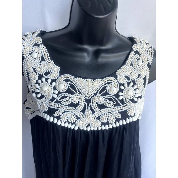 Gold Hawk 100% Silk Mini Tunic Dress Size XS Beaded Black Cream Classy Coastal - Picture 2 of 12